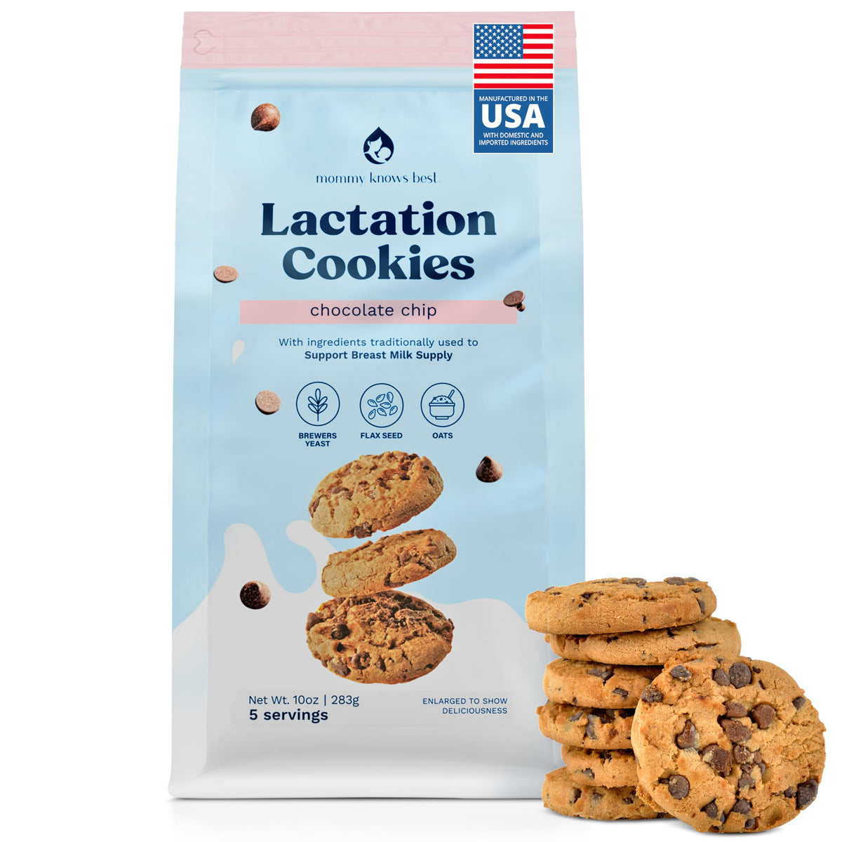 Mommy Knows Best Lactation Cookies package view, a convenient snack to support busy moms.