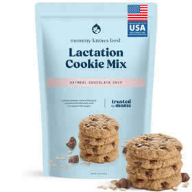Mommy Knows Best lactation cookies mix packaging on a kitchen counter, convenient milk-support.