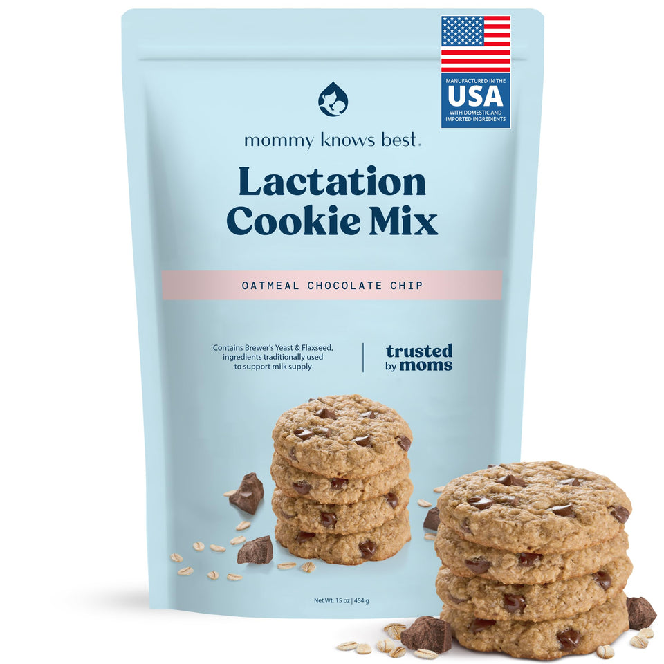 Mommy Knows Best lactation cookies mix packaging on a kitchen counter, convenient milk-support.
