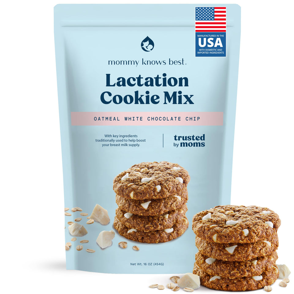 Mommy Knows Best lactation cookies mix with white chocolate chips, convenient snack for busy moms
