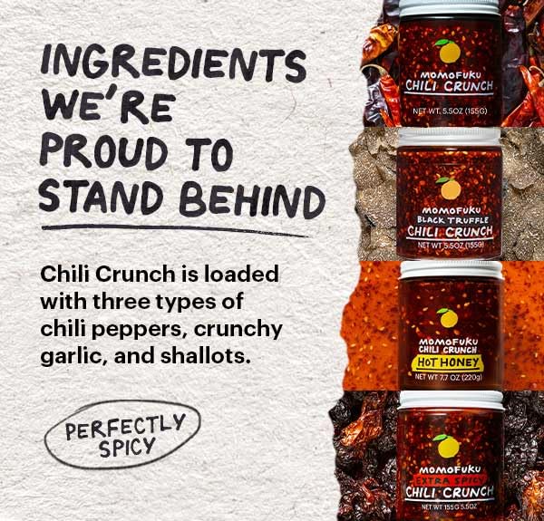 MOMOFUKU Black Truffle Chili Crunch plated as a finishing sauce to elevate dishes.
