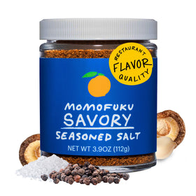 Momofuku Savory Seasoned Salt jar closeup showing the umami blend for richer meals.