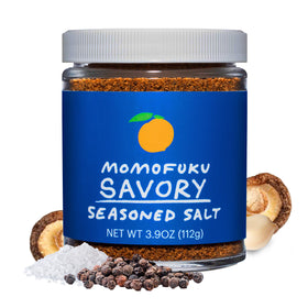 Label and packaging of Momofuku Savory Seasoned Salt highlighting vegan and gluten-free ingredients.