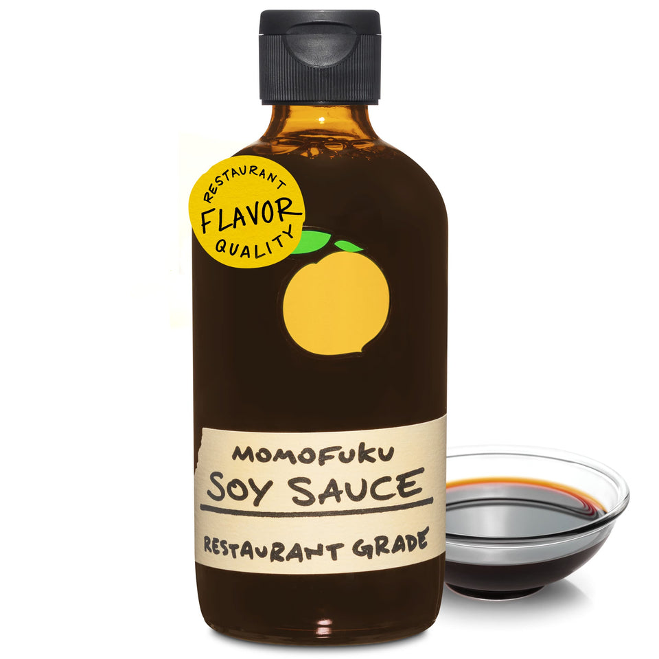 Momofuku Soy Sauce bottle with pour spout highlighting kombu infusion for deep umami
