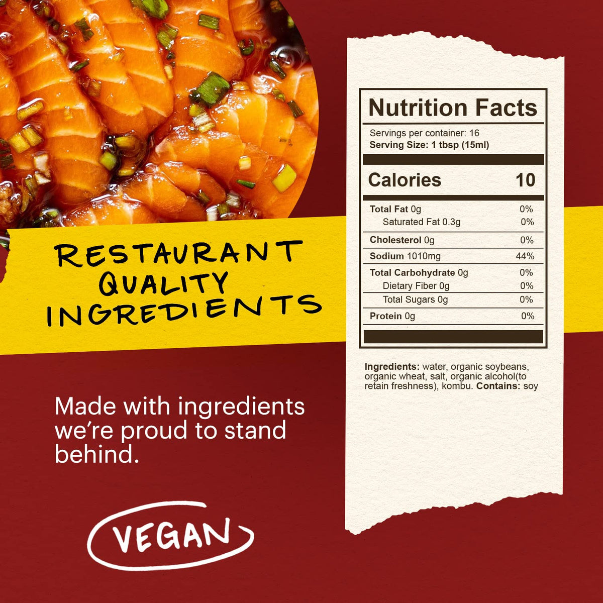 Momofuku Soy Sauce close-up shows organic soybeans and vegan, Non-GMO quality