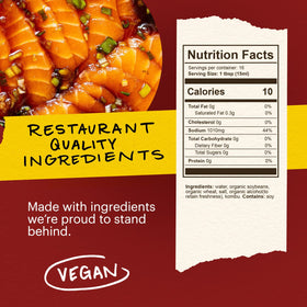 Momofuku Soy Sauce close-up shows organic soybeans and vegan, Non-GMO quality