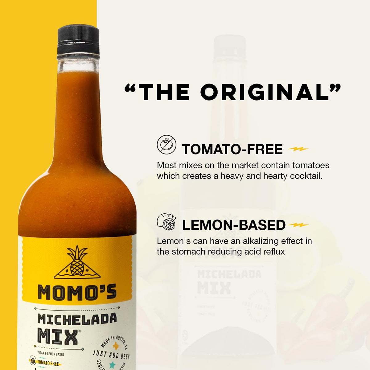 Momo's Michelada Mix bar setup bottle and glass, signaling restaurant or home-use versatility.