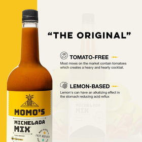 Momo's Michelada Mix bar setup bottle and glass, signaling restaurant or home-use versatility.