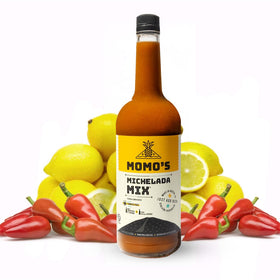 Momo's Michelada Mix bottle front view, lemon-based flavor ideal for refreshing beer cocktails.