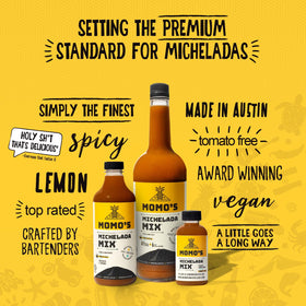 Momo's Michelada Mix close look at label with peppers, emphasizing all-natural, tomato-free mix.