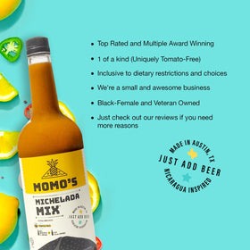 Momo's Michelada Mix serving suggestion with lime wedge on bar, casual vibe for easy cocktails.