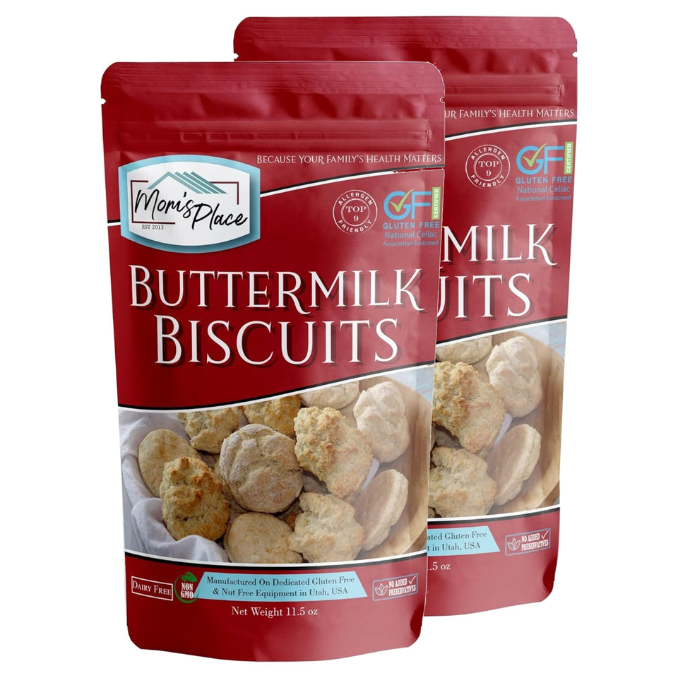 Mom's Place Gluten-Free Biscuit Mix 2-pack packaging for quick, dairy-free biscuits.