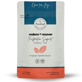 Momstead Restore and Recover tea tropical-vanilla-pack: postpartum recovery support in tea sachets.
