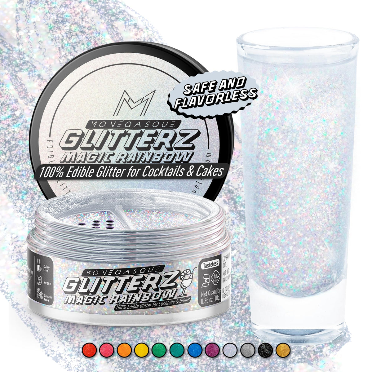 MONÉGASQUE rainbow glitter on a cocktail adds vibrant party appeal.