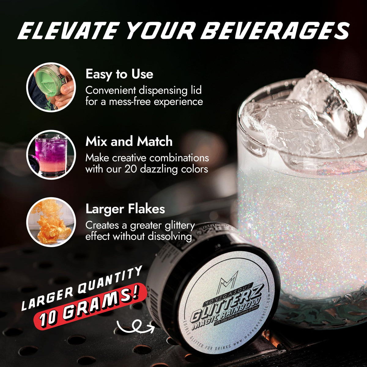 MONÉGASQUE sparkle dust for drinks enhances visual impact without altering taste.