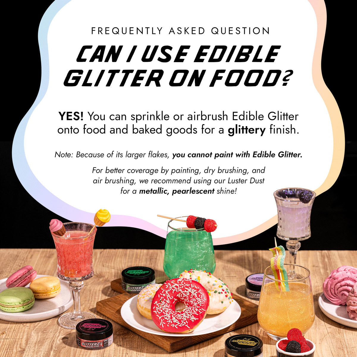 MONÉGASQUE vegan-friendly glitter for decorating desserts and beverages.