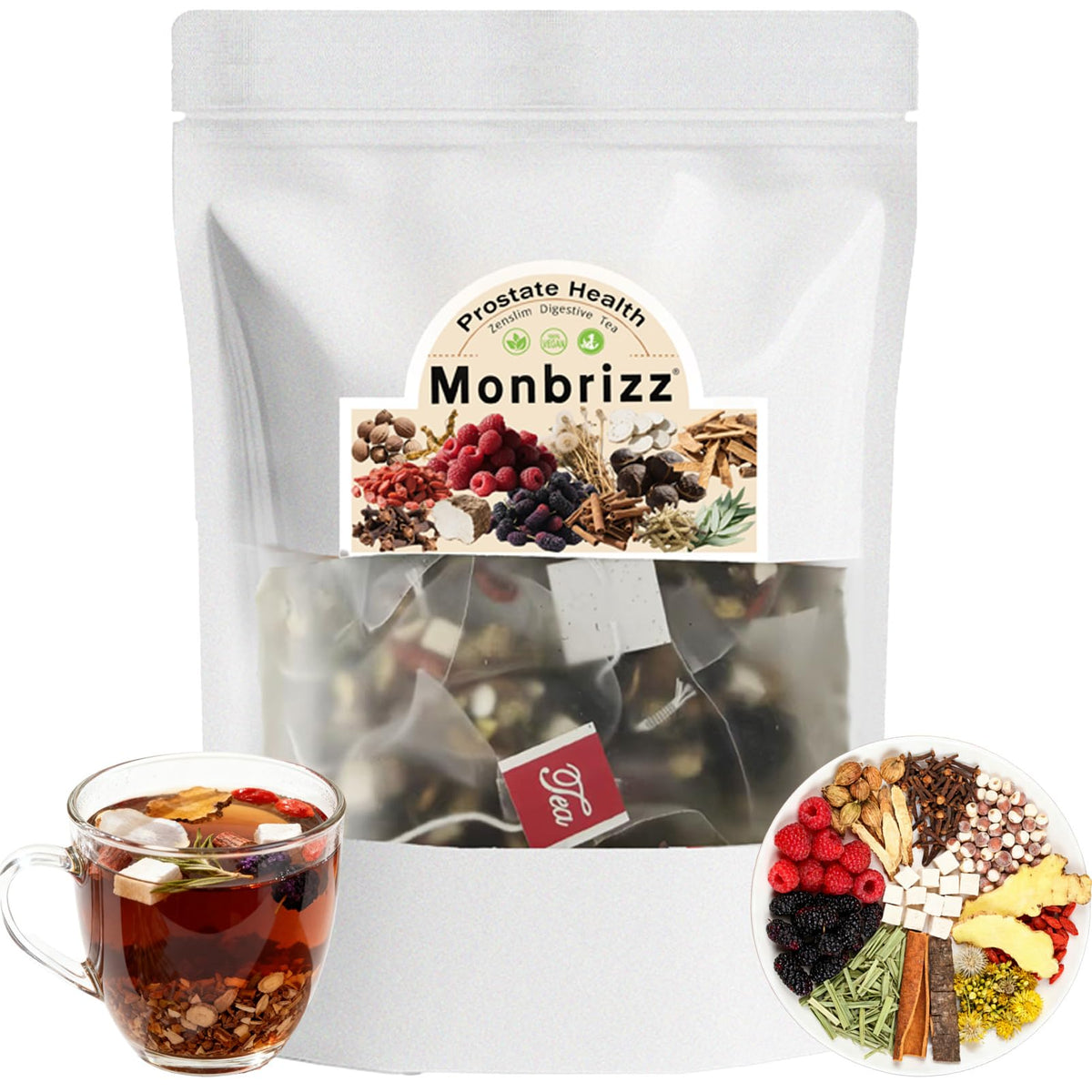 Monbrizz Prostate Tea pyramid bags in packaging showing convenience and flavor