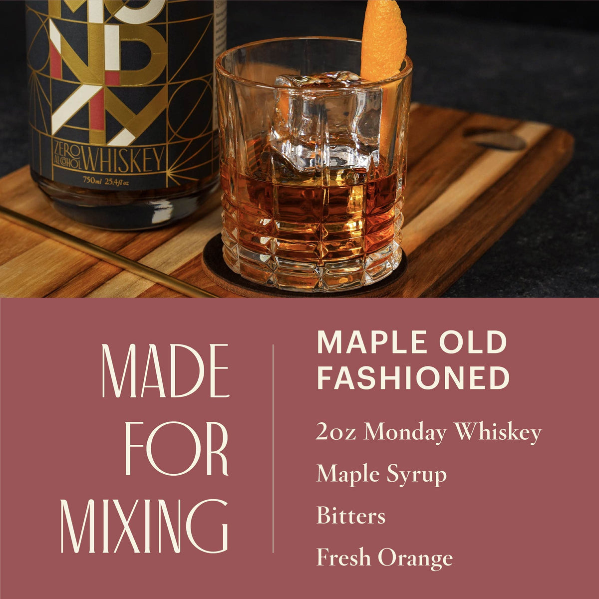 Chilled MONDAY Zero Alcohol Whiskey glass with ice and citrus twist