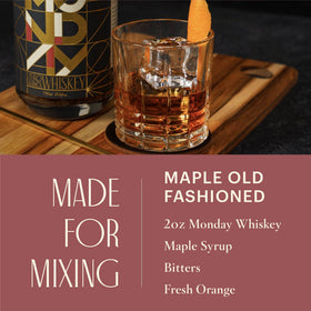 Chilled MONDAY Zero Alcohol Whiskey glass with ice and citrus twist