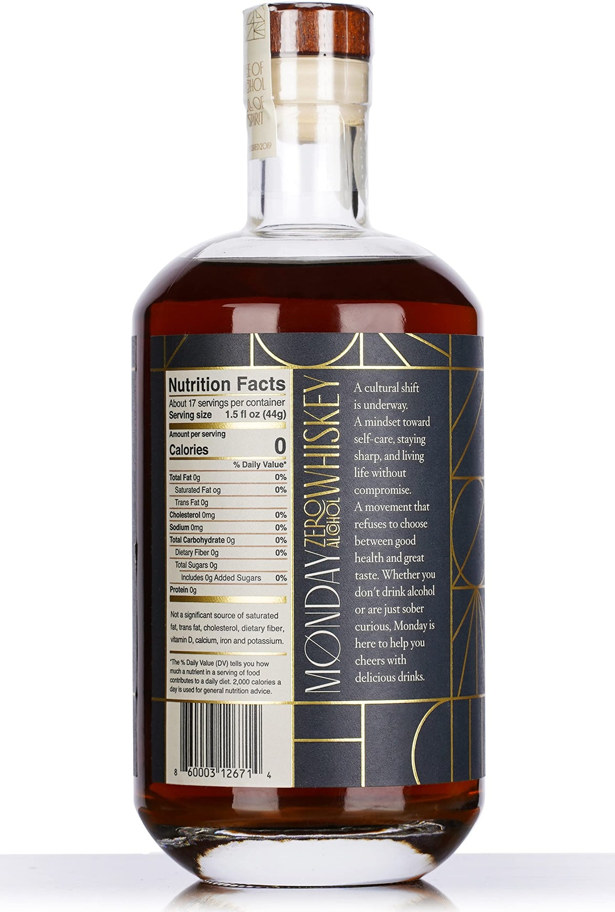 Packaging of MONDAY Zero Alcohol Whiskey for gifting or home bar