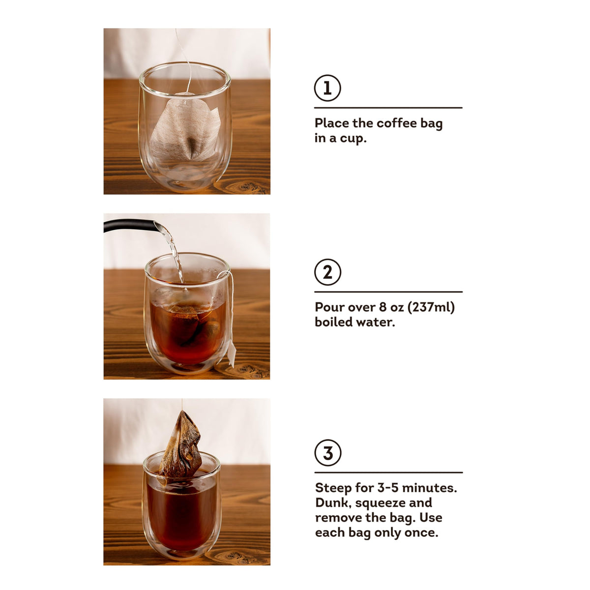 Mondo coffee bag brewing in a cup for fast, mess-free coffee.