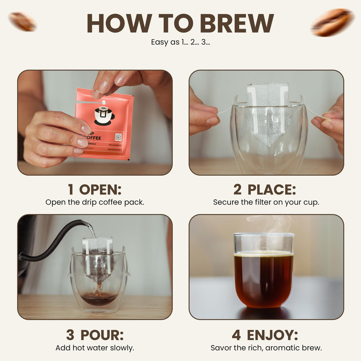 Mondo Drip Coffee Pack Guatemala – bright flavor, quick pour-over at home.