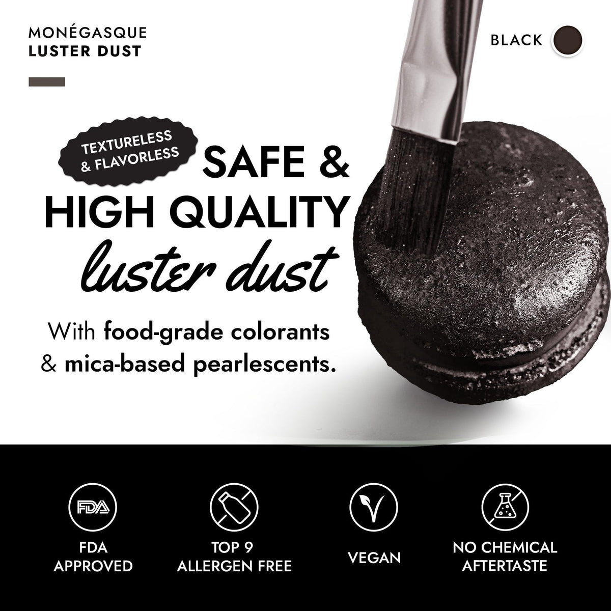 MONÉGASQUE black edible glitter on cake for dramatic toppers.