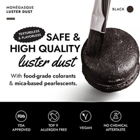 MONÉGASQUE black edible glitter on cake for dramatic toppers.