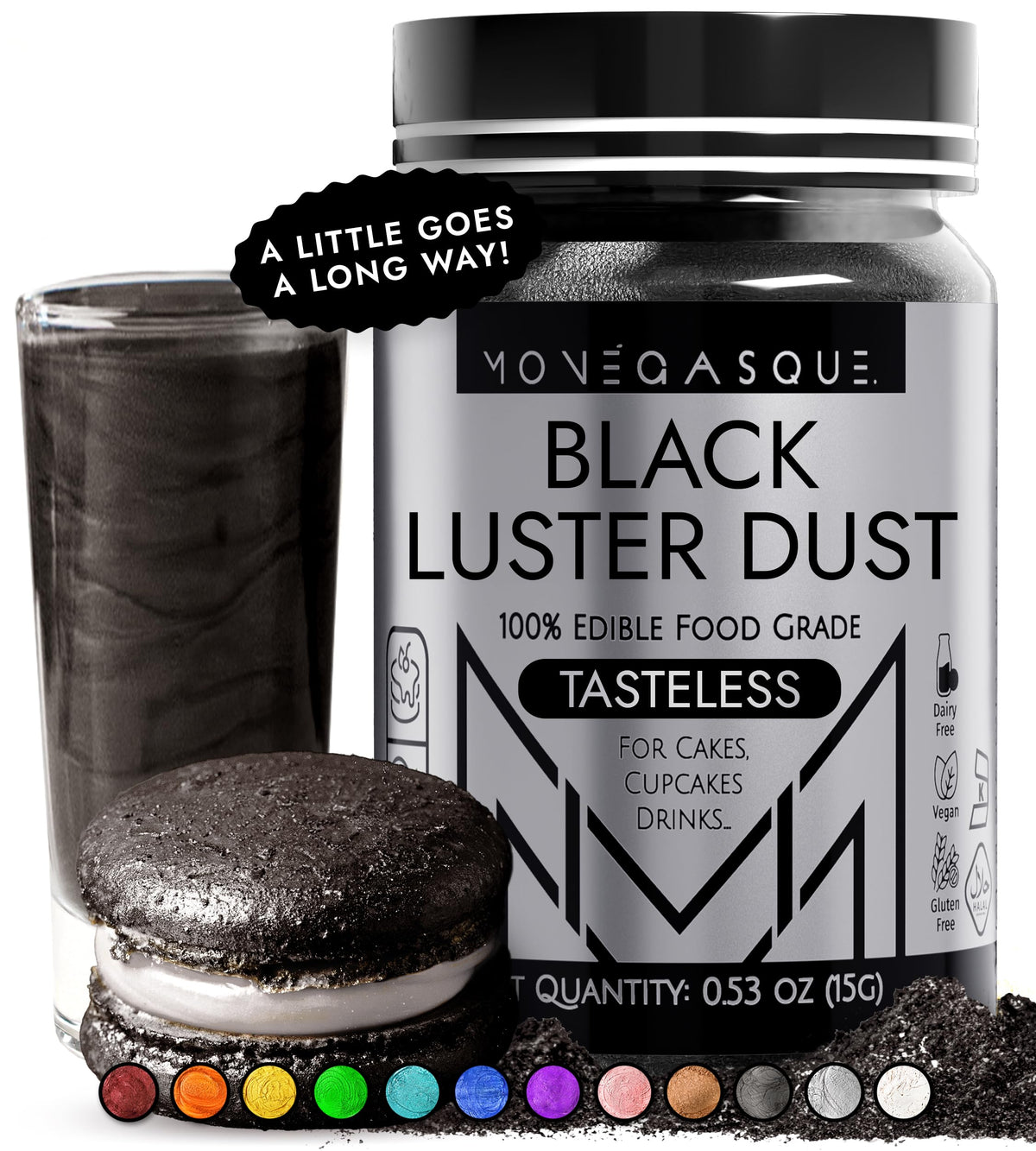 MONÉGASQUE black edible glitter on drinks for a midnight shimmer.