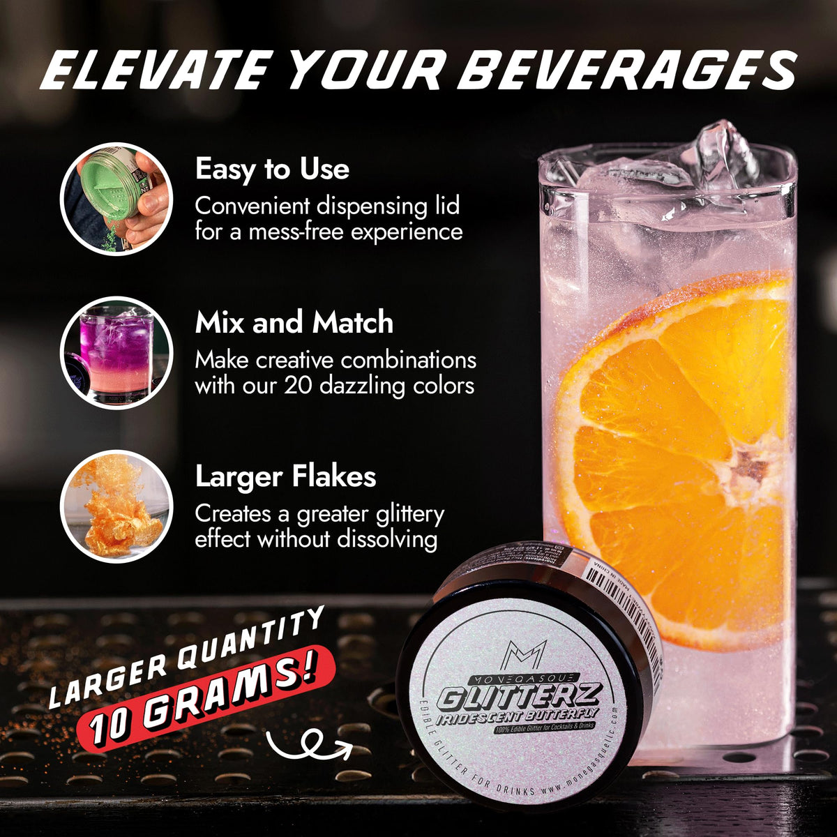 MONÉGASQUE Glitterz-multi-use-presentation adds sparkle to drinks, desserts, and gifts