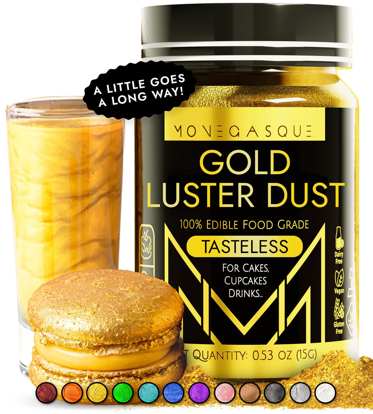 MONÉGASQUE gold edible glitter bottle adds shimmer to drinks and desserts.