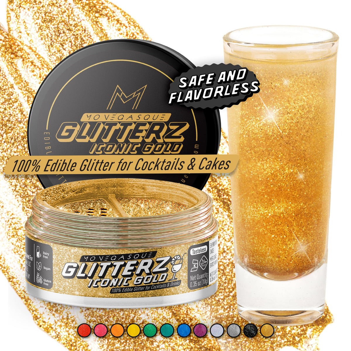 MONÉGASQUE gold edible glitter for drinks adds a luxurious shimmer to cocktails.