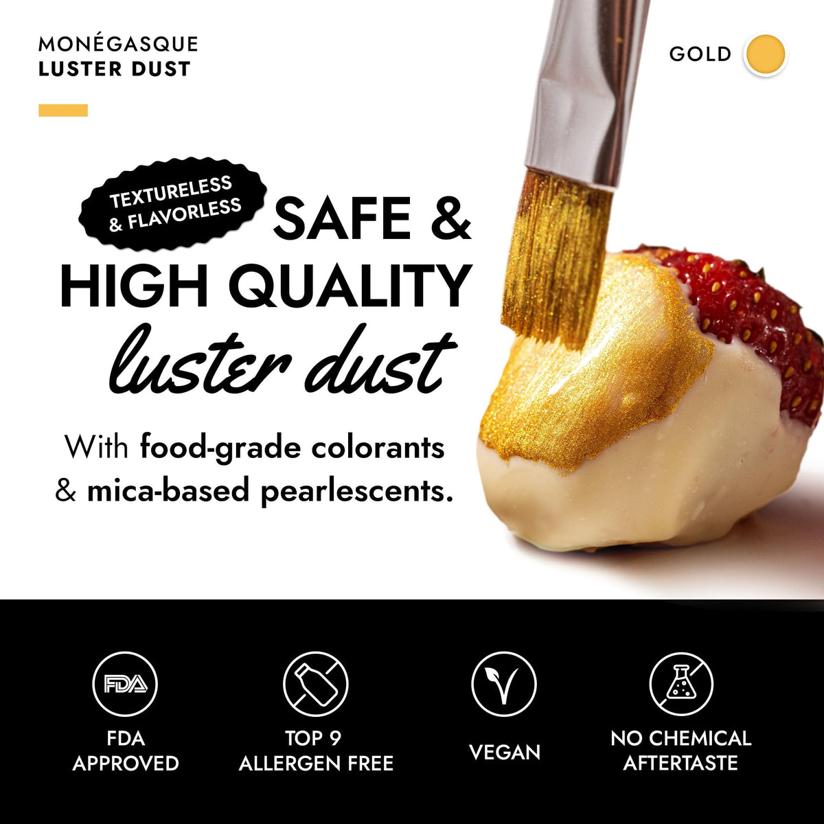MONÉGASQUE gold glitter dusting brush enables precise cake accents.