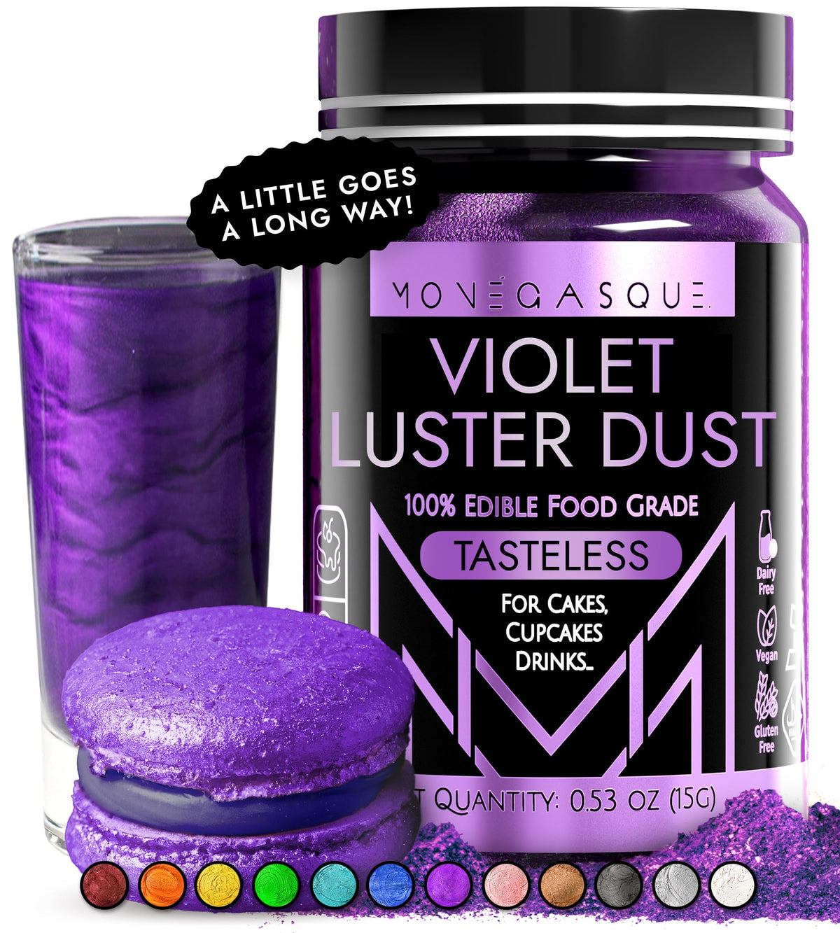 MONÉGASQUE Purple edible glitter bottle adds shimmer to desserts.