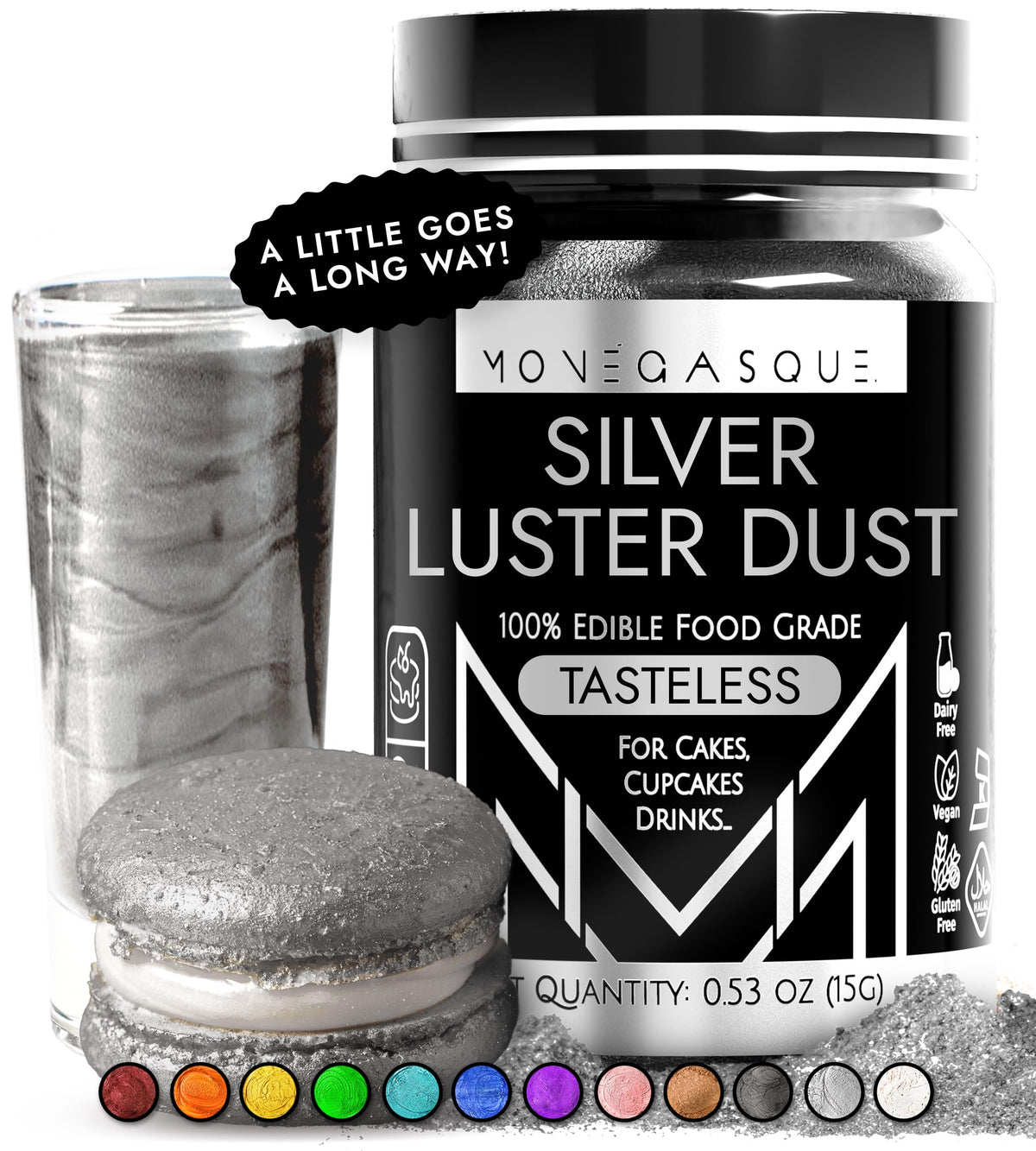 MONÉGASQUE silver edible glitter for drinks adds shimmering finish to cocktails.