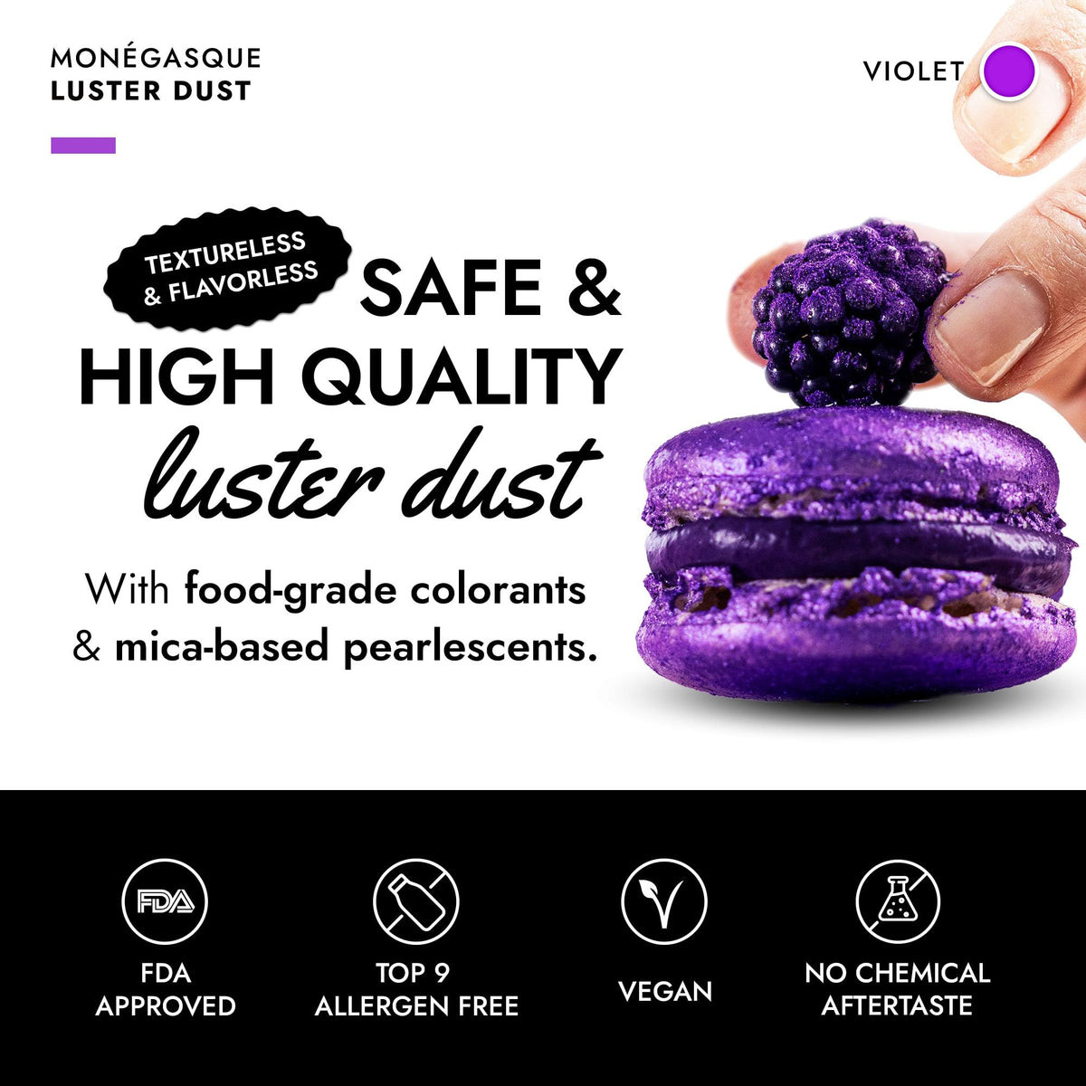 MONÉGASQUE Violet edible glitter enhances cocktails with color.
