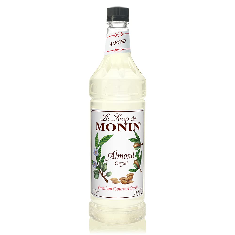 Monin Almond Syrup bottle showcasing 1 L packaging for home or bar use