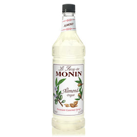 Monin Almond Syrup bottle showcasing 1 L packaging for home or bar use