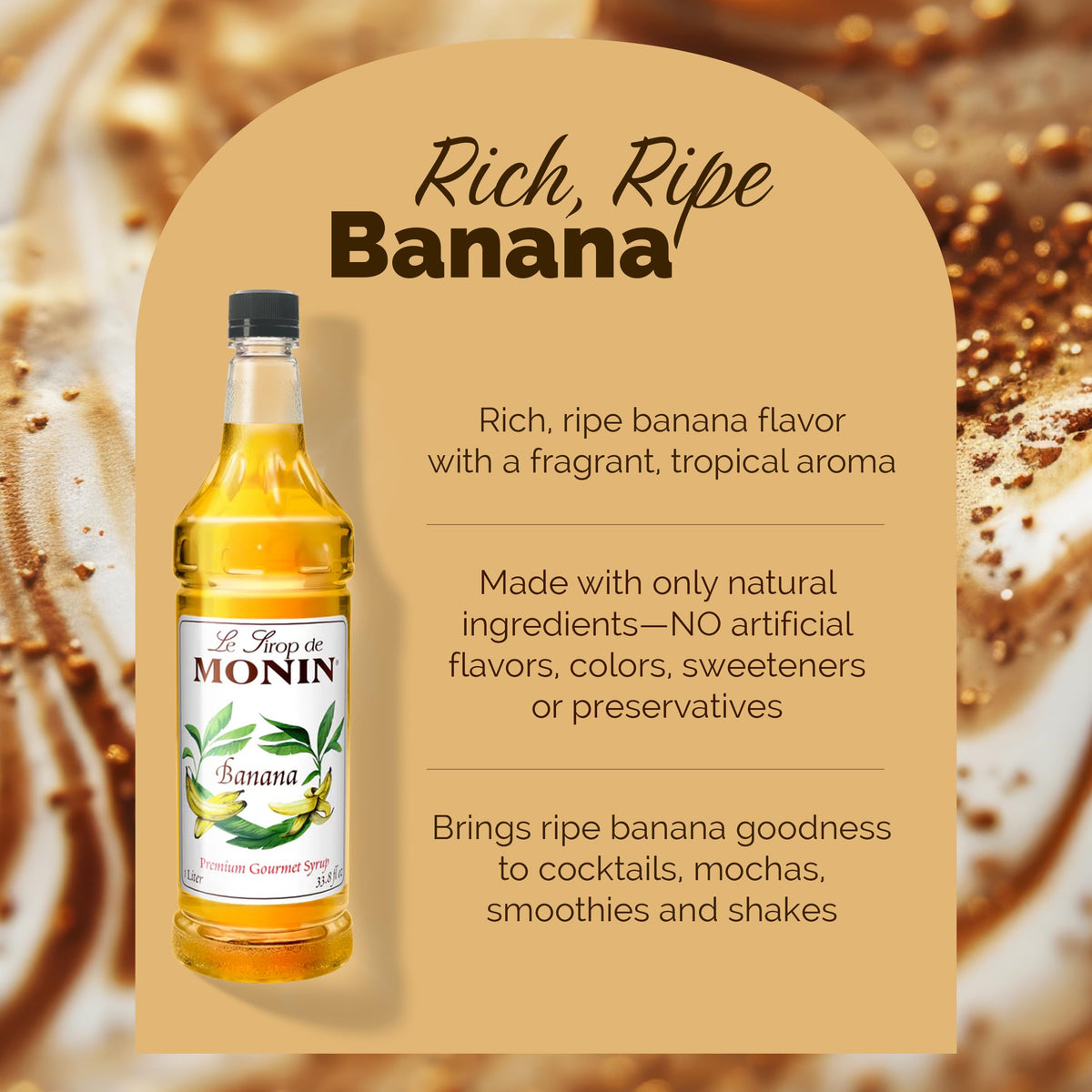 Monin Banana Syrup bottle with pump enables mess free pours.