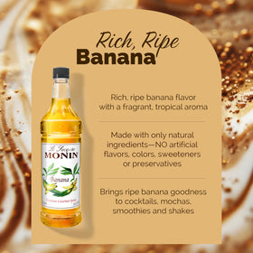 Monin Banana Syrup bottle with pump enables mess free pours.