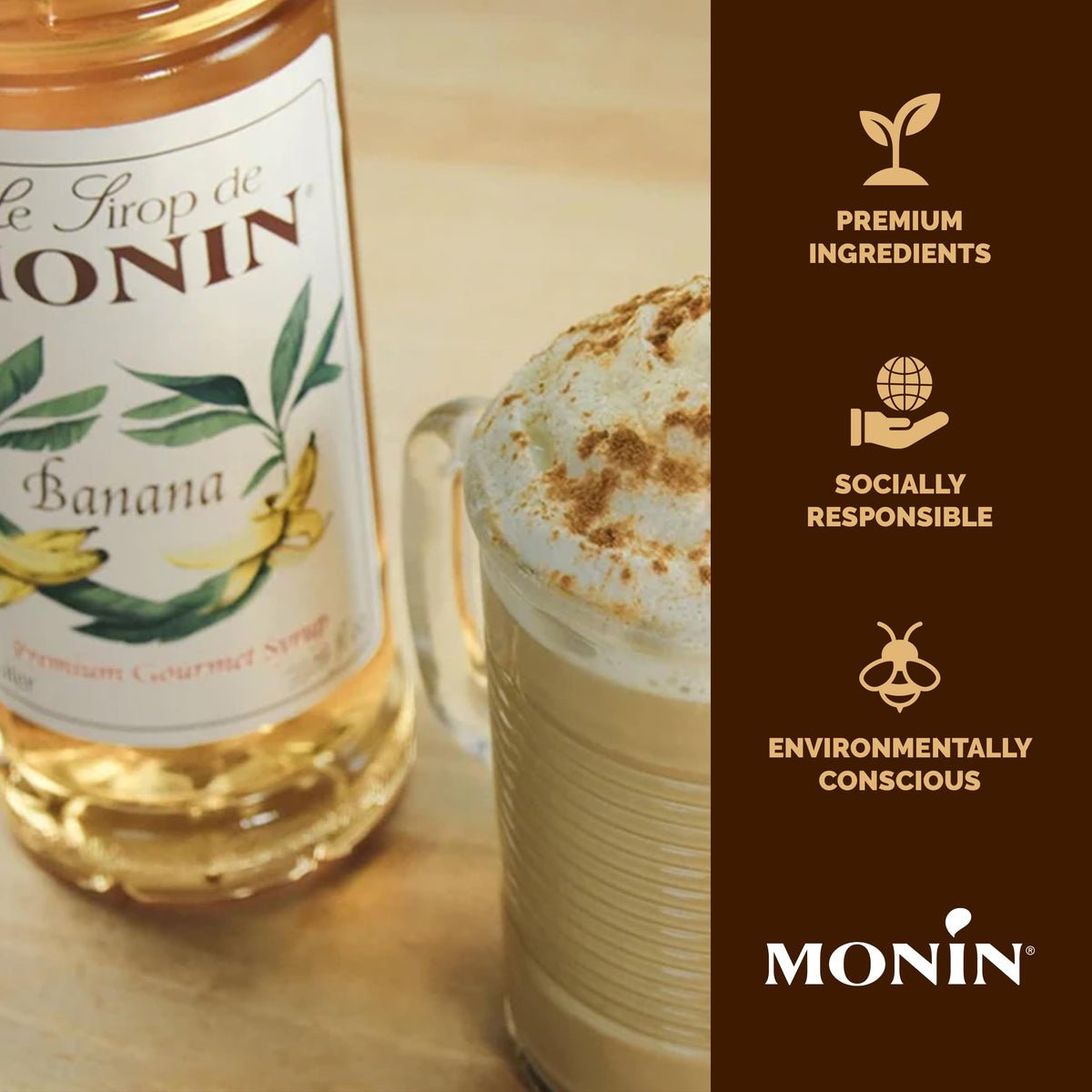 Monin Banana Syrup swirling into a creamy mocha creates depth.