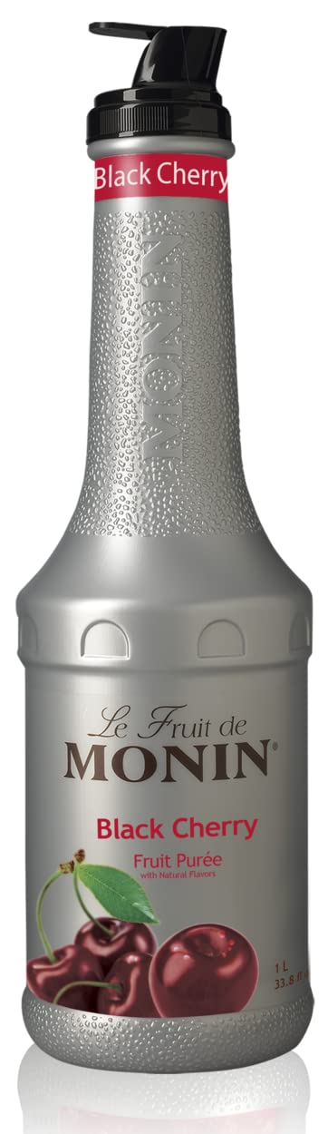 Monin Black Cherry Purée bottle for cocktails and smoothies, delivering balanced cherry flavor.