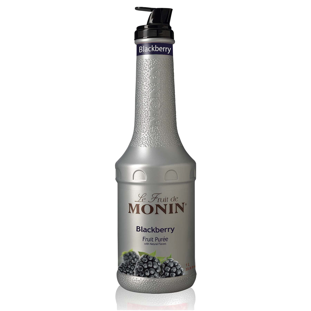 Monin Blackberry Purée bottle pour for clean, consistent flavor in cocktails and mocktails.