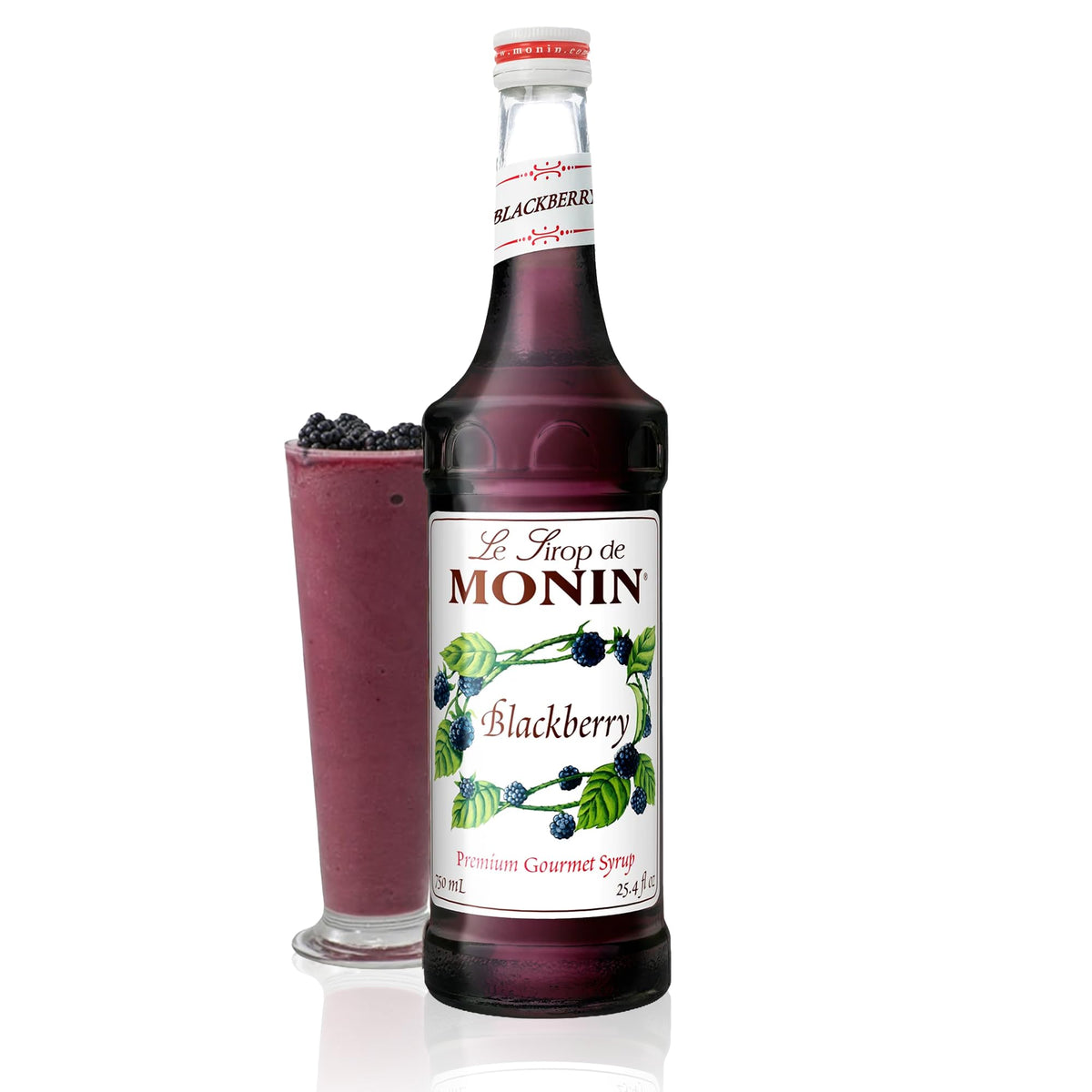 Monin Blackberry Syrup bottle pour enhances cocktails with rich berry aroma.