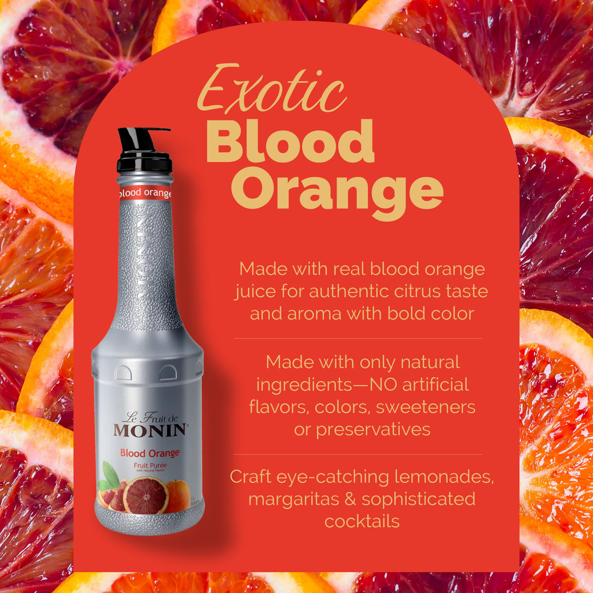 Monin Blood Orange Purée color tint on liquid, adds authentic citrus flair to recipes.