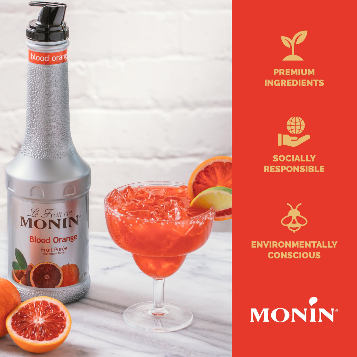 Monin Blood Orange Purée label close, highlights natural flavors and allergen-friendly profile.