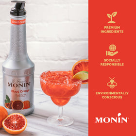 Monin Blood Orange Purée label close, highlights natural flavors and allergen-friendly profile.