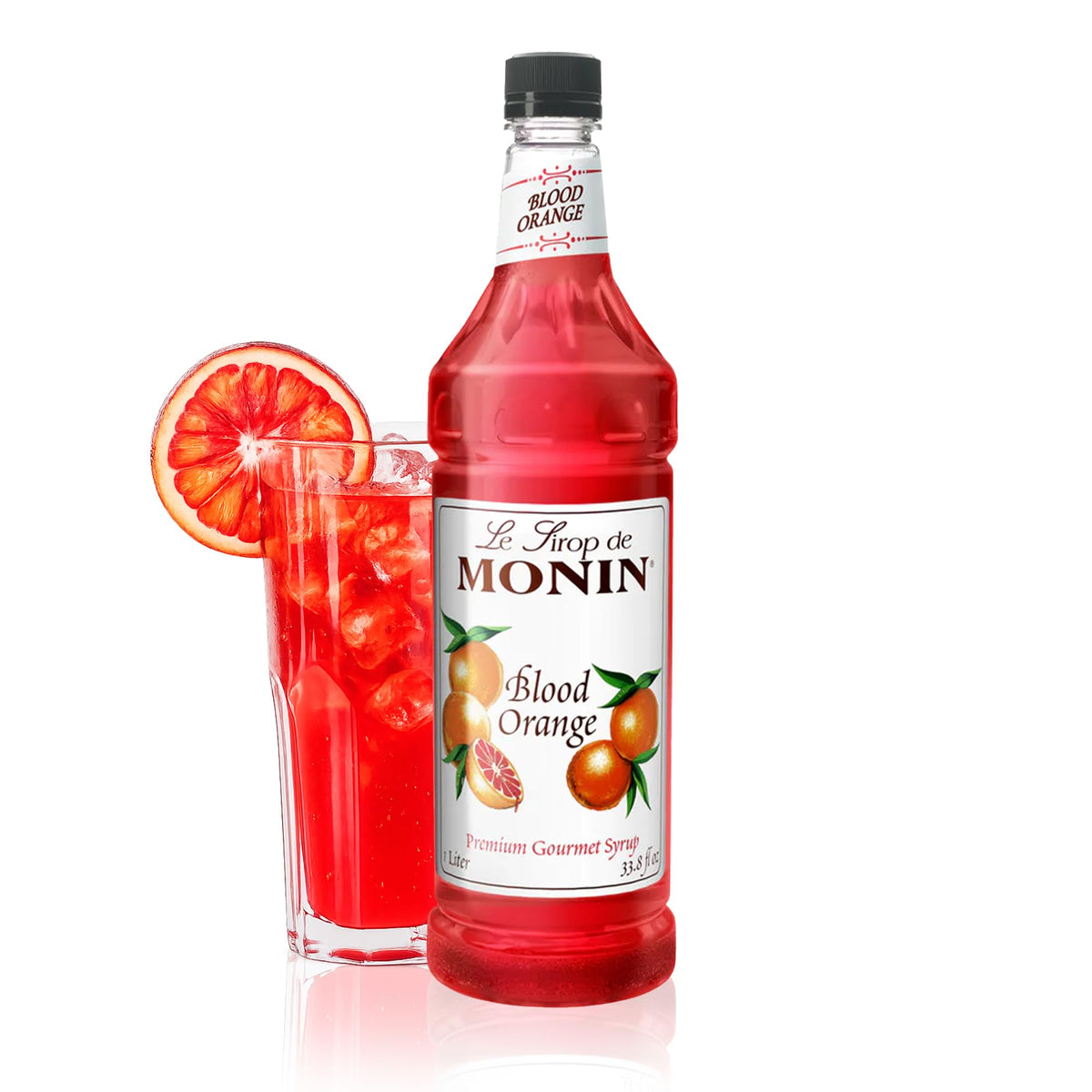 Monin Blood Orange Syrup bottle shows bold color and clean labeling for easy use.