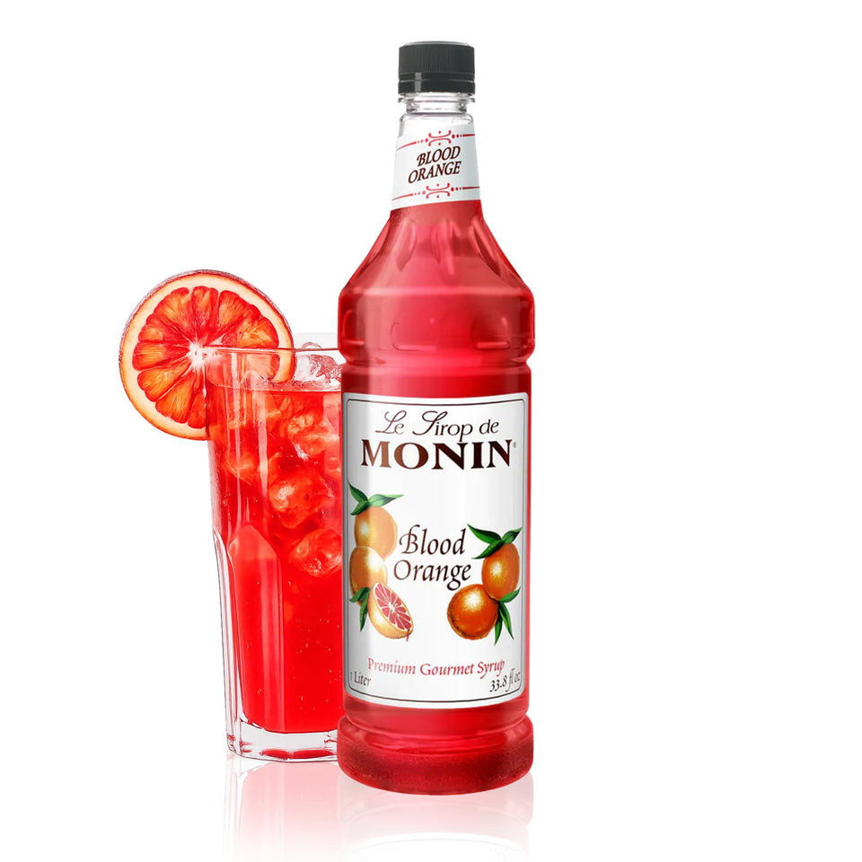Monin Blood Orange Syrup bottle shows bold color and clean labeling for easy use.