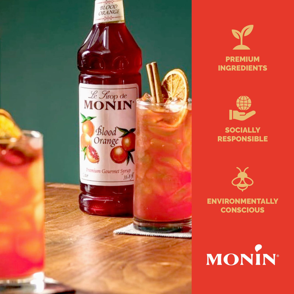 Monin Blood Orange Syrup label close-up emphasizes natural flavors and allergen-free claim.
